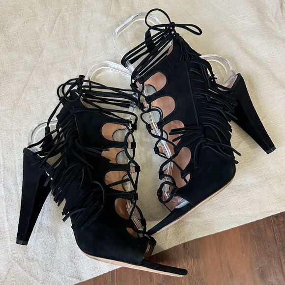 SIGERSON MORRISON Marita Black Suede Lace Up Fringe Strappy Sandals - Picture 5 of 11